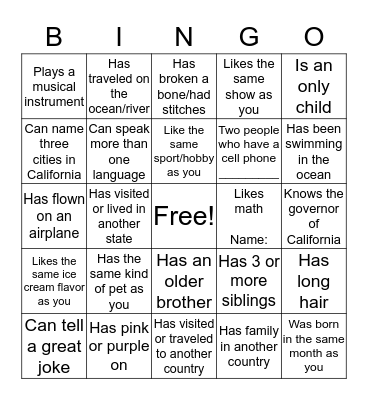 Get to Know You Bingo Card