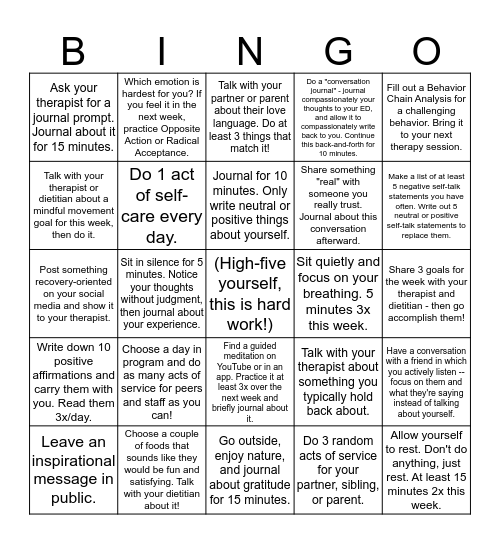 Wholehearted Living Bingo Card