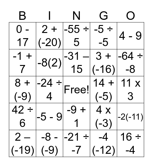Integer Bingo! Bingo Card