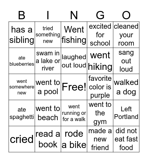 Back to school Bingo Card