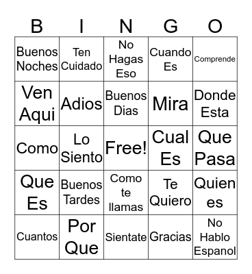 Spanish Phrases Bingo Card