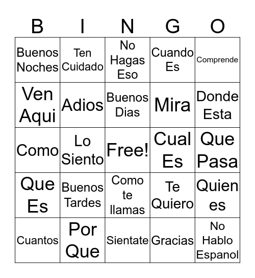 Spanish Phrases Bingo Card
