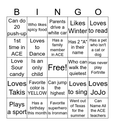 Find A Friend Bingo Card