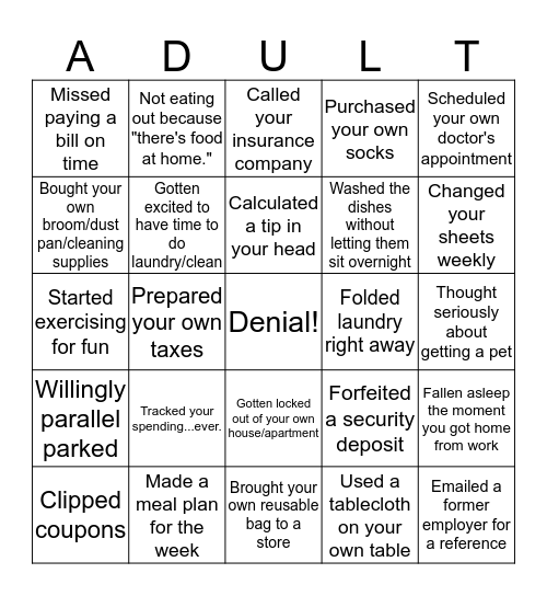 Tears, Fears, Grinding Gears: "Adulting" Bingo Card