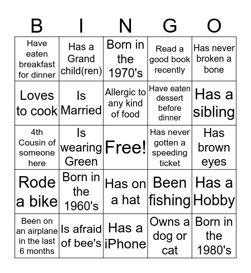 Family Fun Bingo! Bingo Card