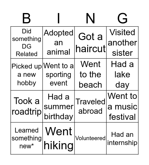 What did your sisters do this summer? Bingo Card