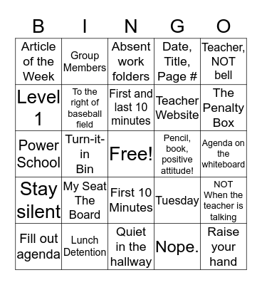 Classroom Procedures Bingo Card