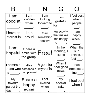 Self- Esteem  Bingo Card