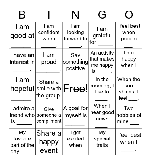 Self- Esteem  Bingo Card