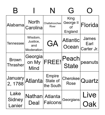 State of Georgia Bingo Card