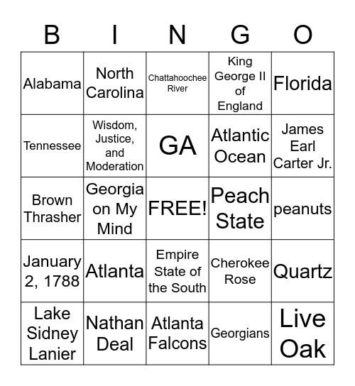 State of Georgia Bingo Card