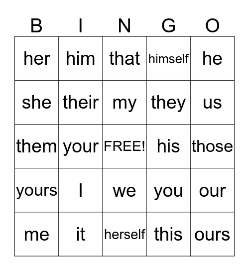 Pronoun Bingo Card