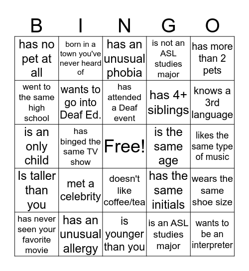 ASL Class Bingo! Bingo Card