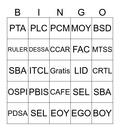 Puesta del Sol LID Acronym Bingo! Bingo Card