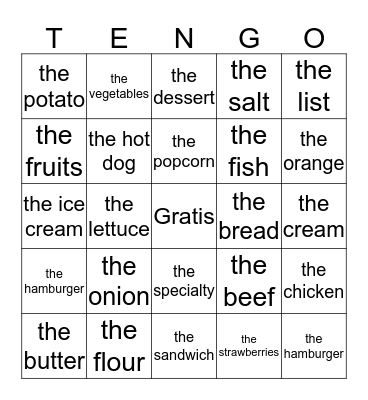La comida Bingo Card