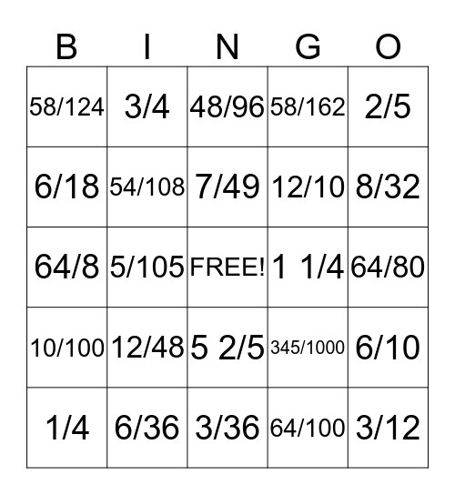 Fractions Bingo Card