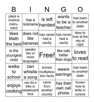 Classroom Bingo Card