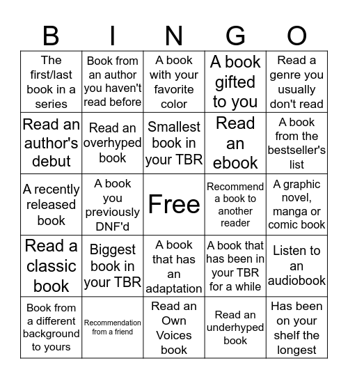 TBR Readathon Bingo! Bingo Card