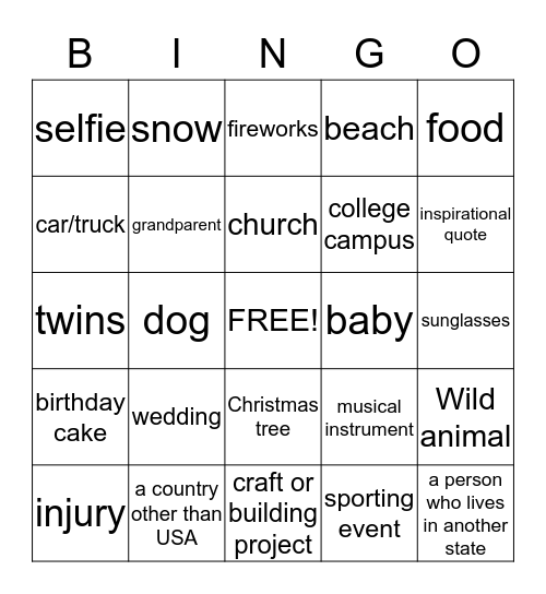 Cell Phone Photo Bingo Card