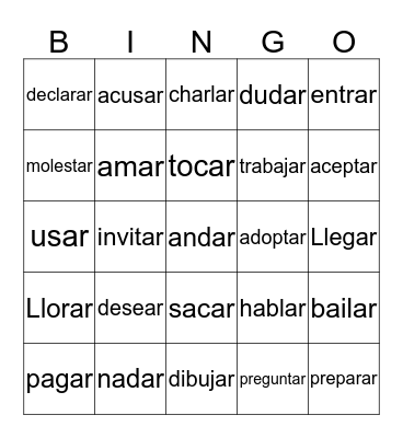 -AR Verbs in Spanish Bingo Card