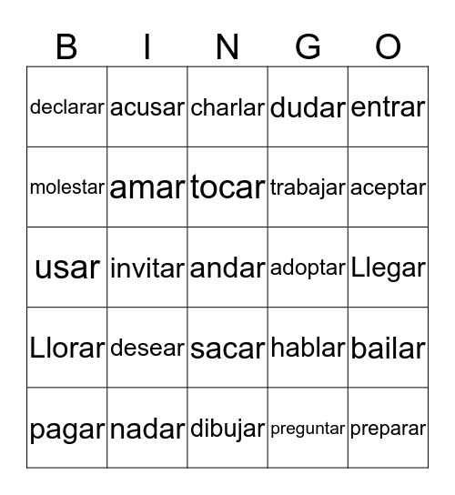 -AR Verbs in Spanish Bingo Card