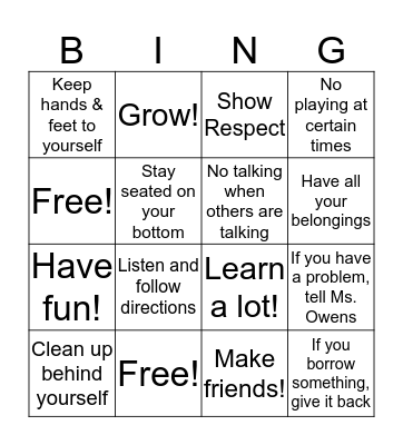 Ms. Owens' After Care Rules Bingo Card