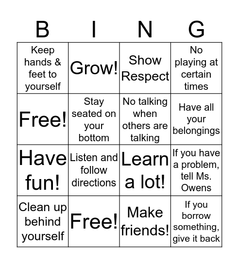 Ms. Owens' After Care Rules Bingo Card