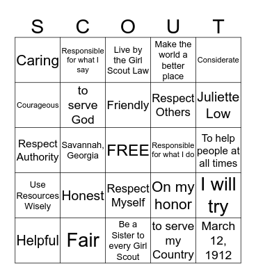 Girl Scout Bingo Card