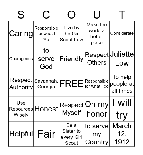 Girl Scout Bingo Card