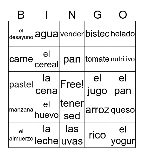 La Comida Bingo Card