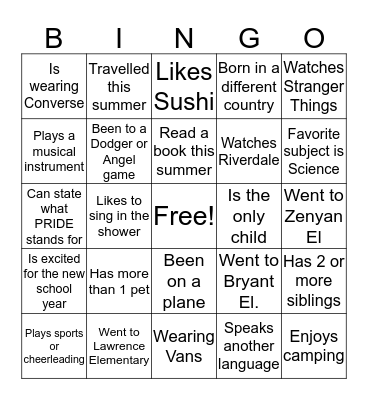 Back to School Bingo Card