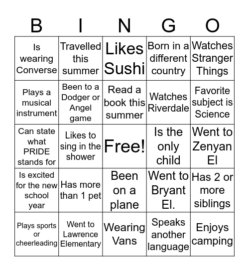 Back to School Bingo Card