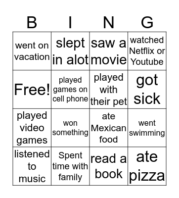 Summer Vacation Bingo Card