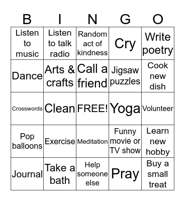 Coping Skills Bingo Card