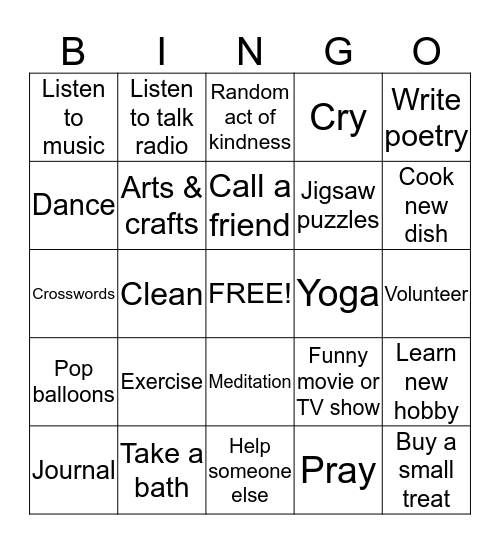 Coping Skills Bingo Card