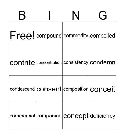 List 1 Vocab Bingo Card