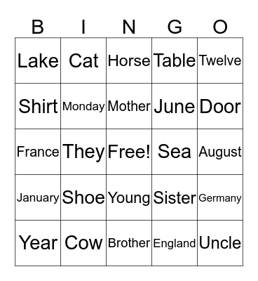 English Pronunciation Bingo Card