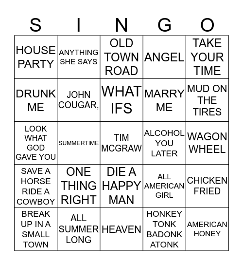 413 AMERICAN COUNTRY Bingo Card