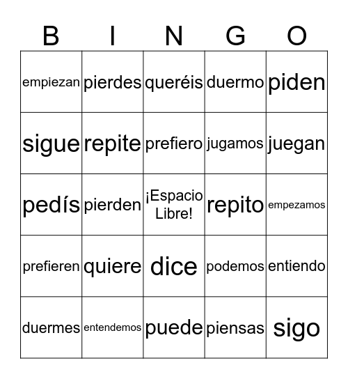 Bingo: Boot verbs! Bingo Card