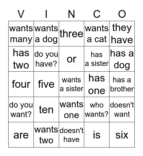 Has/Wants & Numeri Bingo Card