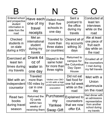 Travel Bingo - Fall 2019 Bingo Card