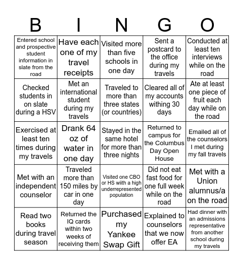 Travel Bingo - Fall 2019 Bingo Card