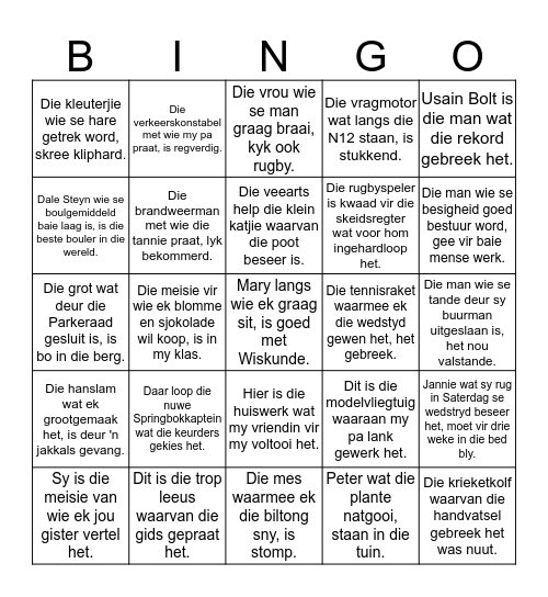 Betreklike voornaamwoorde Bingo Card