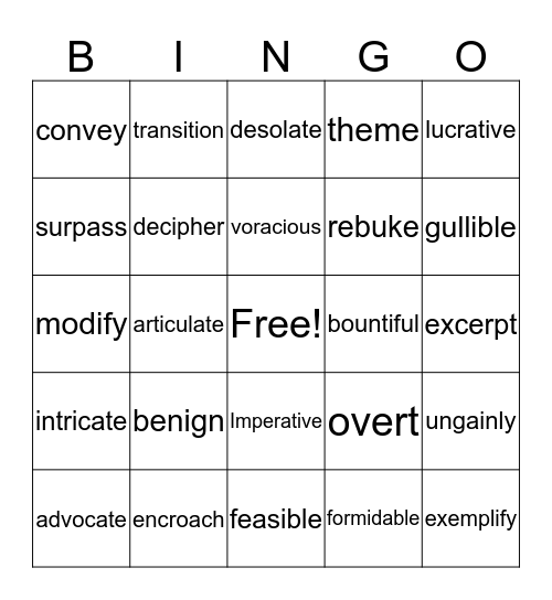 Vocabulary Bingo Card