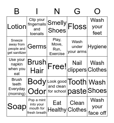 Personal Hygiene Bingo Card