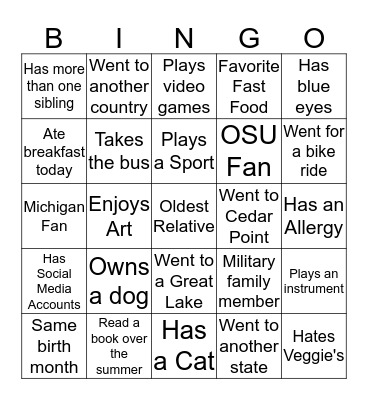 GETTING TO KNOW YOU Bingo Card