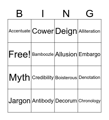 Vocabulary Words Bingo Card