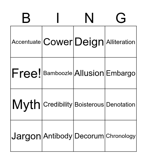 Vocabulary Words Bingo Card