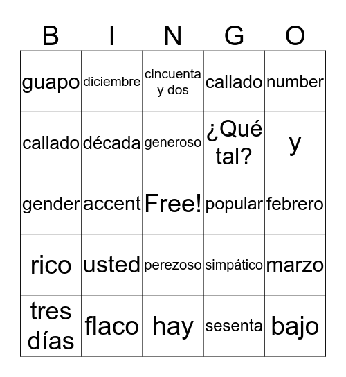 Adjetivos/Meses & Fechas/Saludos & Despedidas Bingo Card