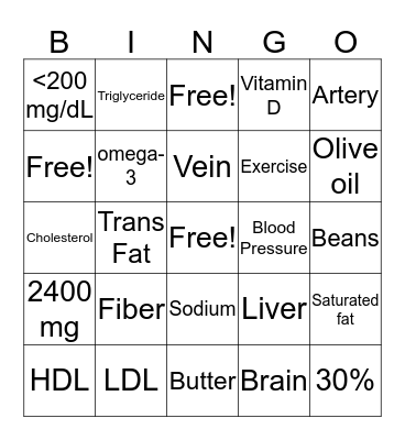 Heart Health  Bingo Card